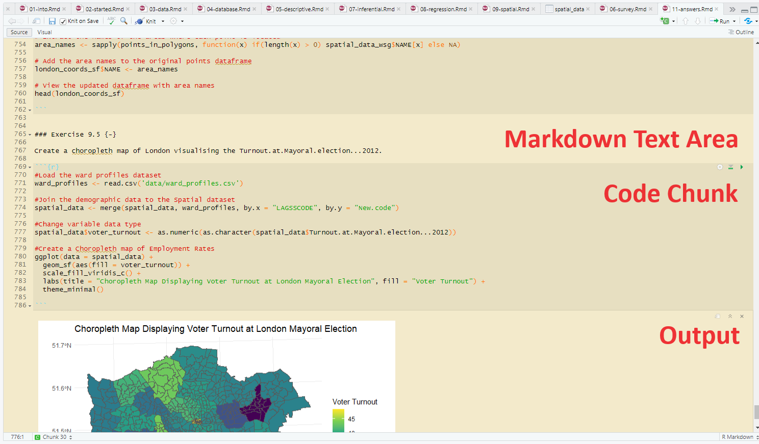 Example R Notebook with Text, Code, and Output Areas Labelled